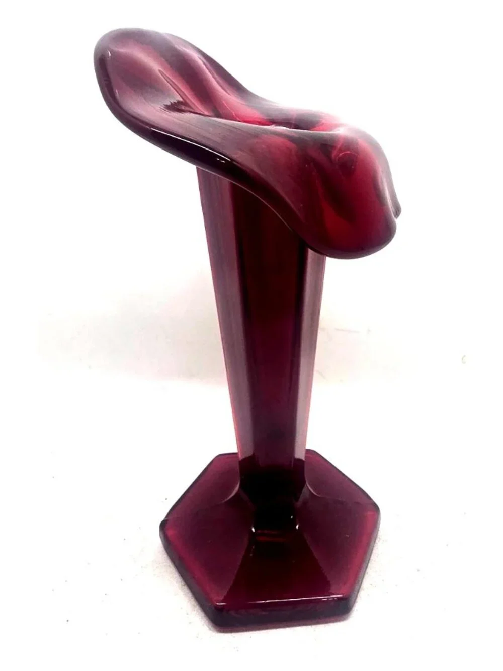 Vintage Ruby Red Glass Pedestal Vase with Flared Top & Hexagonal Base